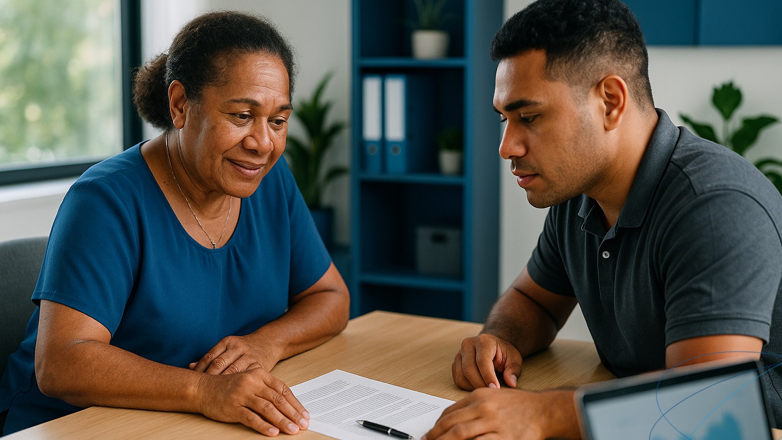 Un employeur et une salariée assis face à face à un bureau à Nouméa, en pleine discussion posée autour d’un document contractuel qu’ils examinent ensemble, illustrant la négociation d’un avenant et le droit du salarié d’accepter ou de refuser.
