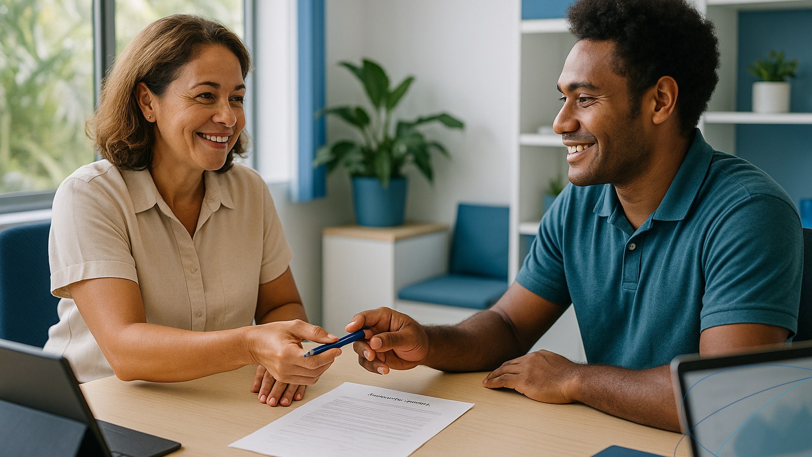 Un dirigeant calédonien et un nouveau salarié, assis face à face à un bureau clair, échangent un contrat de travail et un stylo au moment de la signature dans une PME de Nouméa.