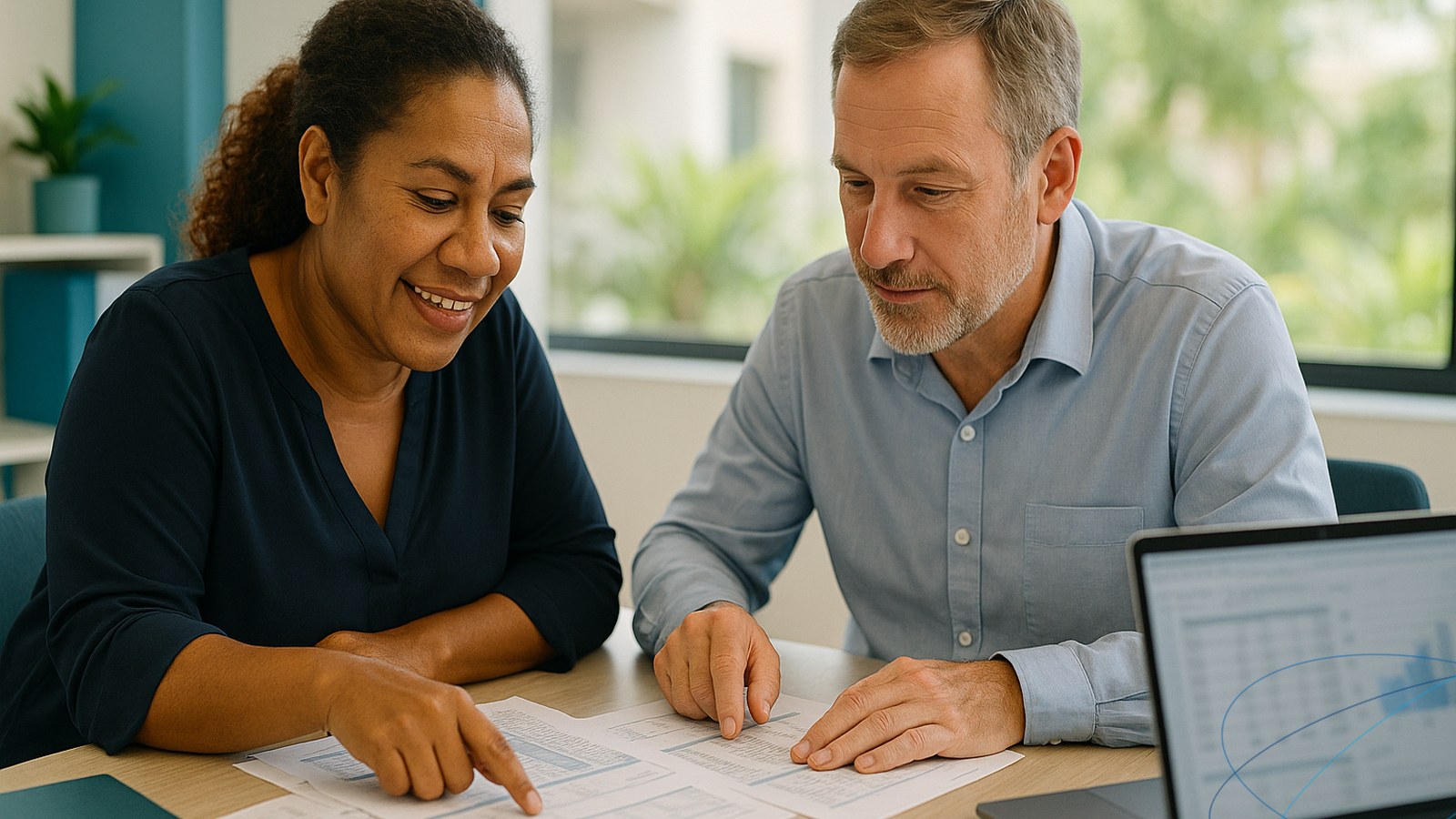 Un expert-comptable et une specialiste de la gestion sociale travaillent cote a cote dans un bureau lumineux a Noumea, penches sur des documents et un ecran, illustrant la complementarite des deux metiers.