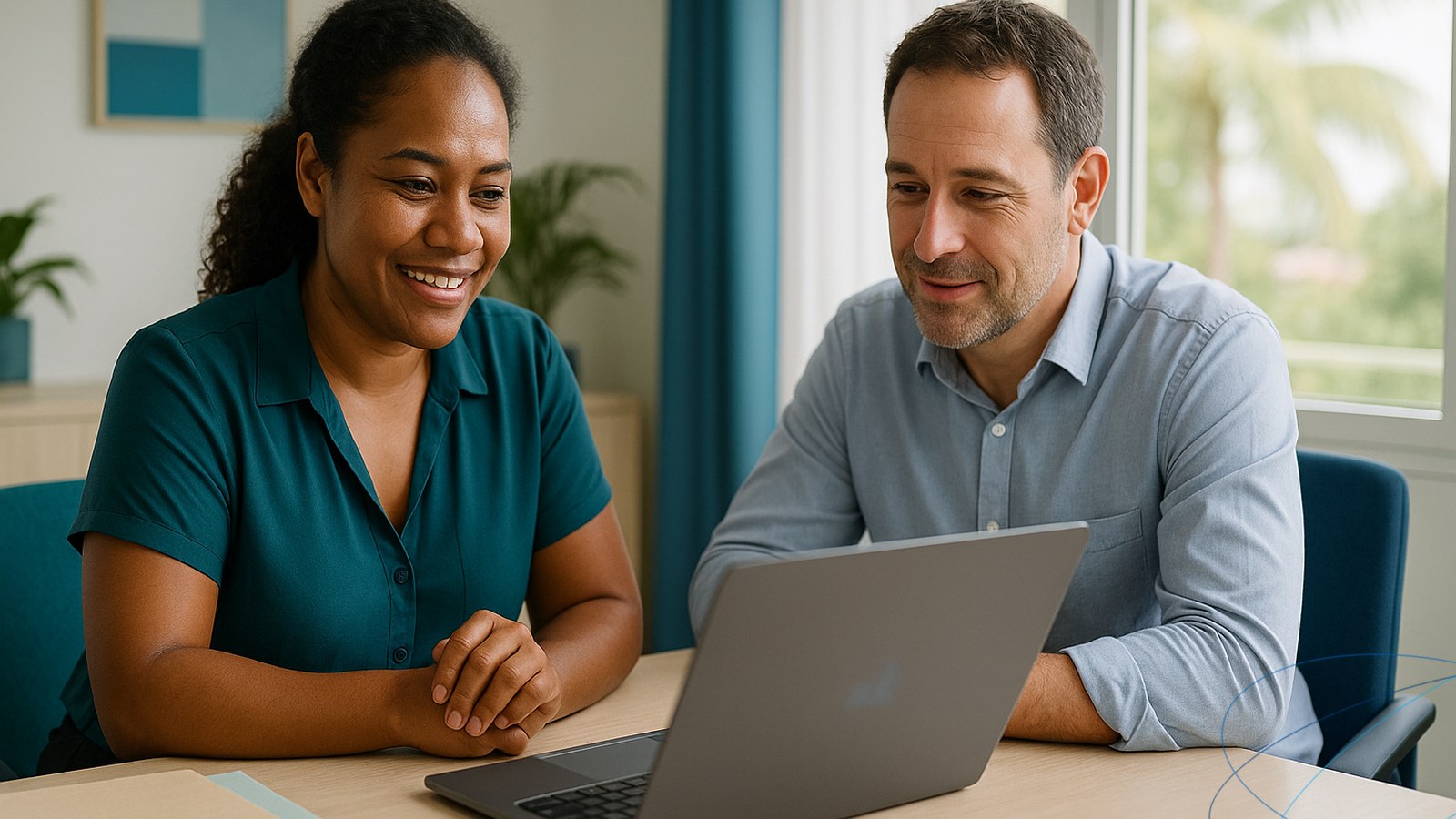Une conseillère paie calédonienne et un dirigeant d’entreprise passent en revue ensemble des déclarations sociales sur un ordinateur portable, dans un bureau lumineux à Nouméa.