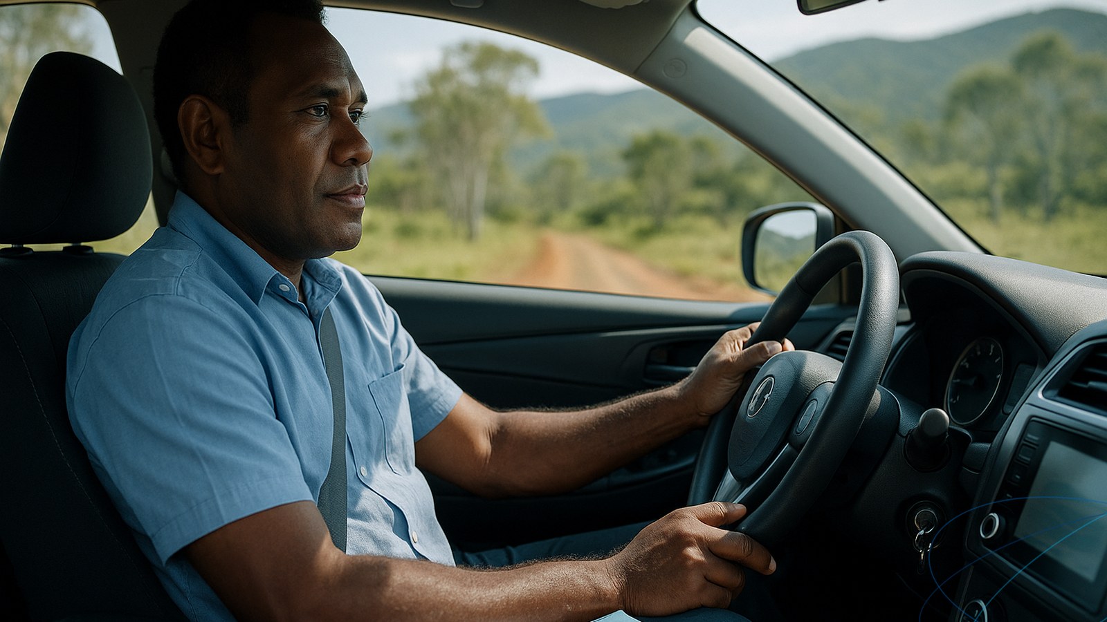 Salarié calédonien au volant de sa voiture personnelle lors d’un déplacement professionnel sur une route de brousse de Nouvelle-Calédonie, illustrant l’usage du véhicule indemnisé au barème kilométrique.