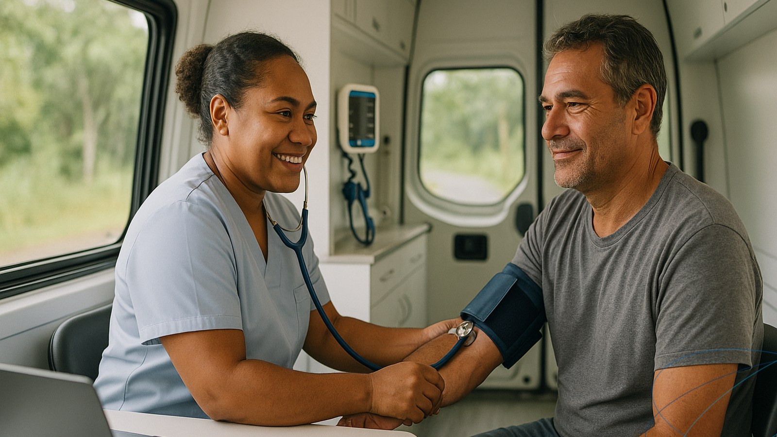 Une infirmière en santé au travail réalise une visite médicale auprès d’un salarié dans une unité mobile du SMIT stationnée près d’une commune éloignée de Nouvelle-Calédonie.