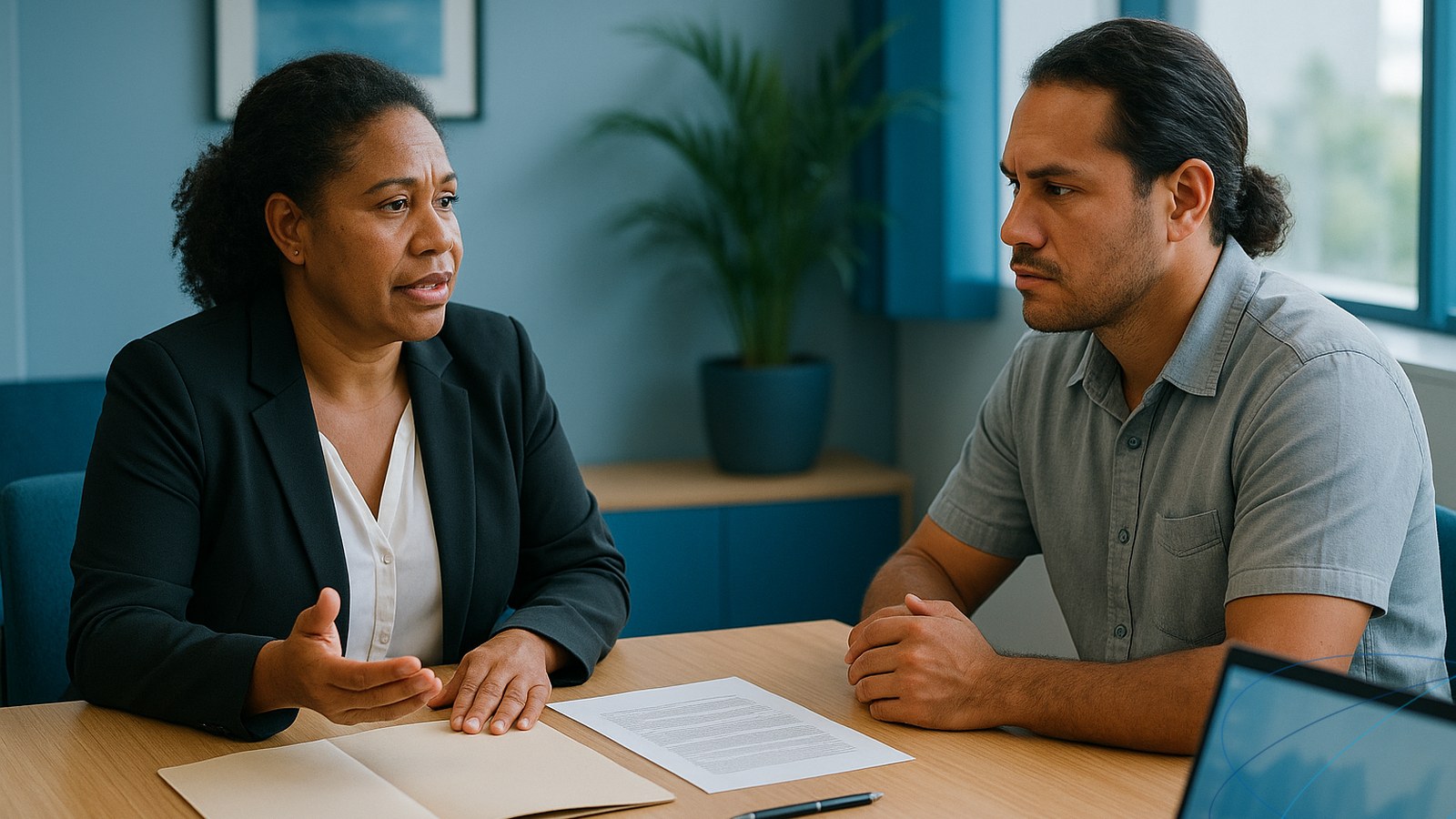 Un employeur et un salarié en entretien préalable disciplinaire dans un bureau calédonien, échange sérieux et contradictoire autour d’une table.