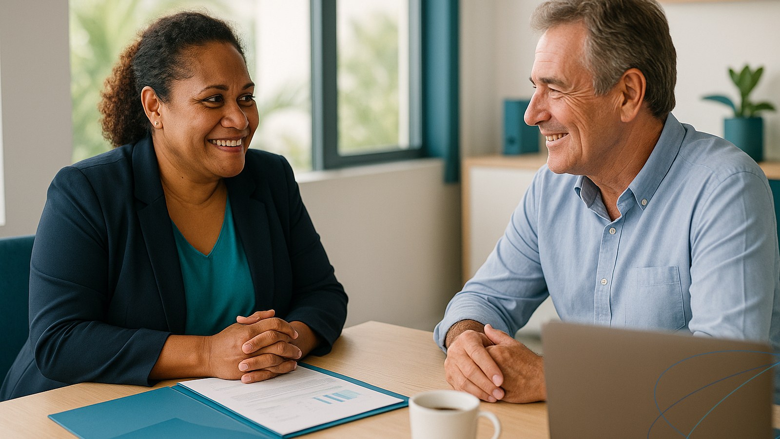 Une gestionnaire de paie calédonienne échange avec un dirigeant d’entreprise dans un bureau lumineux à Nouméa, dossiers de gestion sociale ouverts sur la table, ambiance de conseil et de confiance.