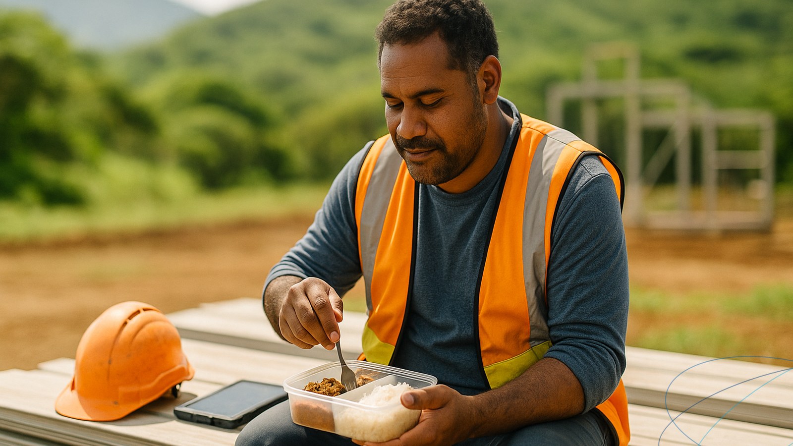 Ouvrier calédonien en pause déjeuner sur un chantier éloigné, mangeant un repas sorti d’une gamelle, illustrant la situation de travail qui ouvre droit à la prime de panier.