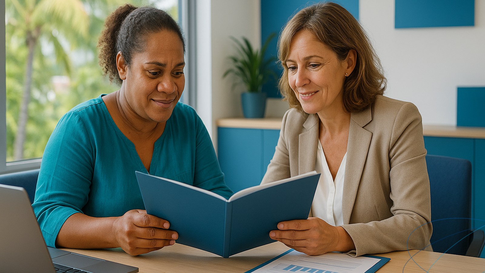 Une dirigeante d’entreprise et une conseillère en gestion sociale examinent ensemble un dossier RH dans un bureau lumineux à Nouméa, échange professionnel et attentif.