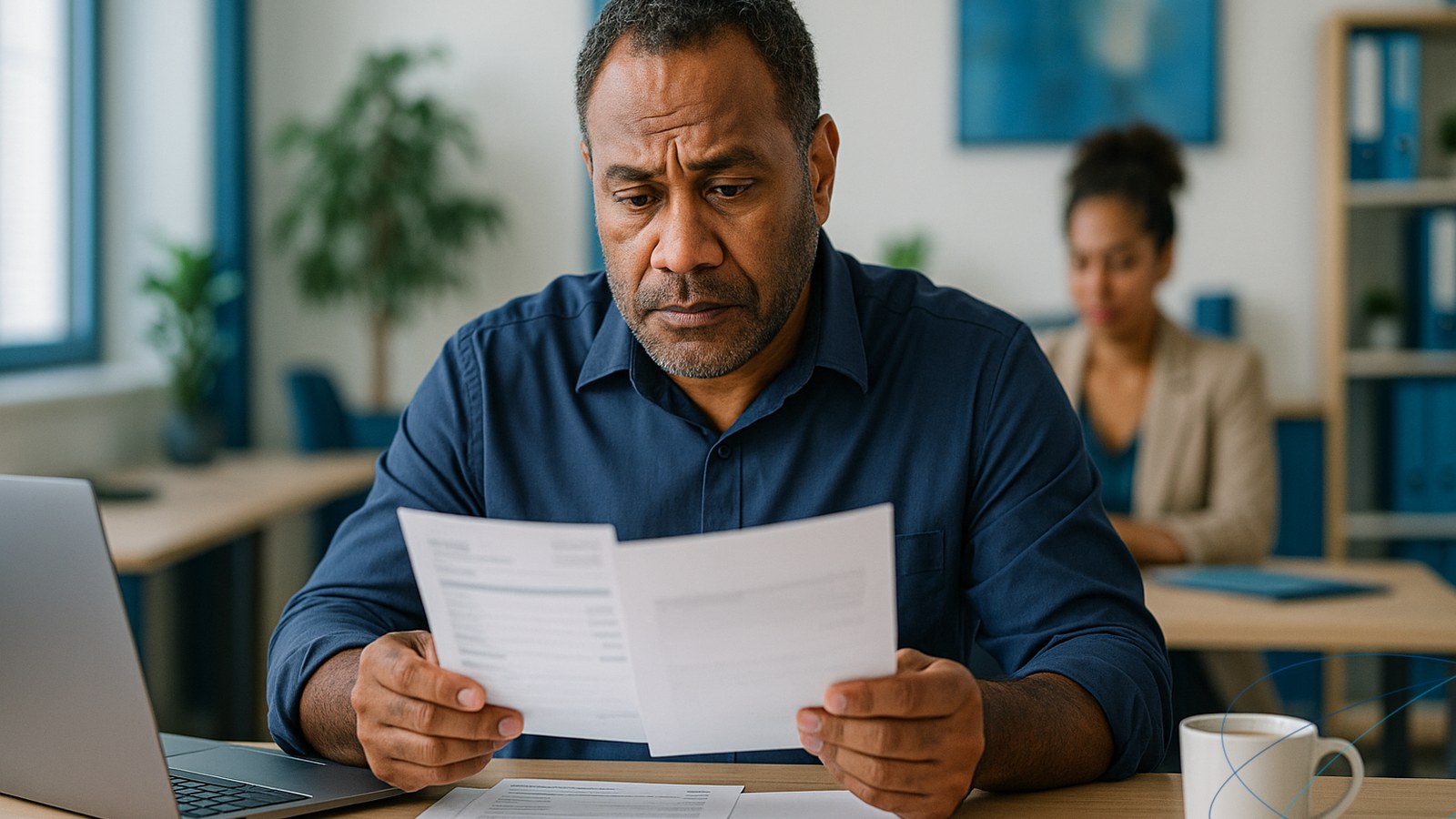 Un dirigeant de PME calédonienne, concentré, examine des bulletins de paie et un contrat sur son bureau, l’air soucieux, illustrant la prise de conscience qu’une prime versée chaque année est devenue une obligation.